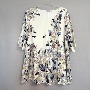 Misslook Floral Bird Print Bell Sleeve V-Neck Boho Top Size XL Oversized Flowy